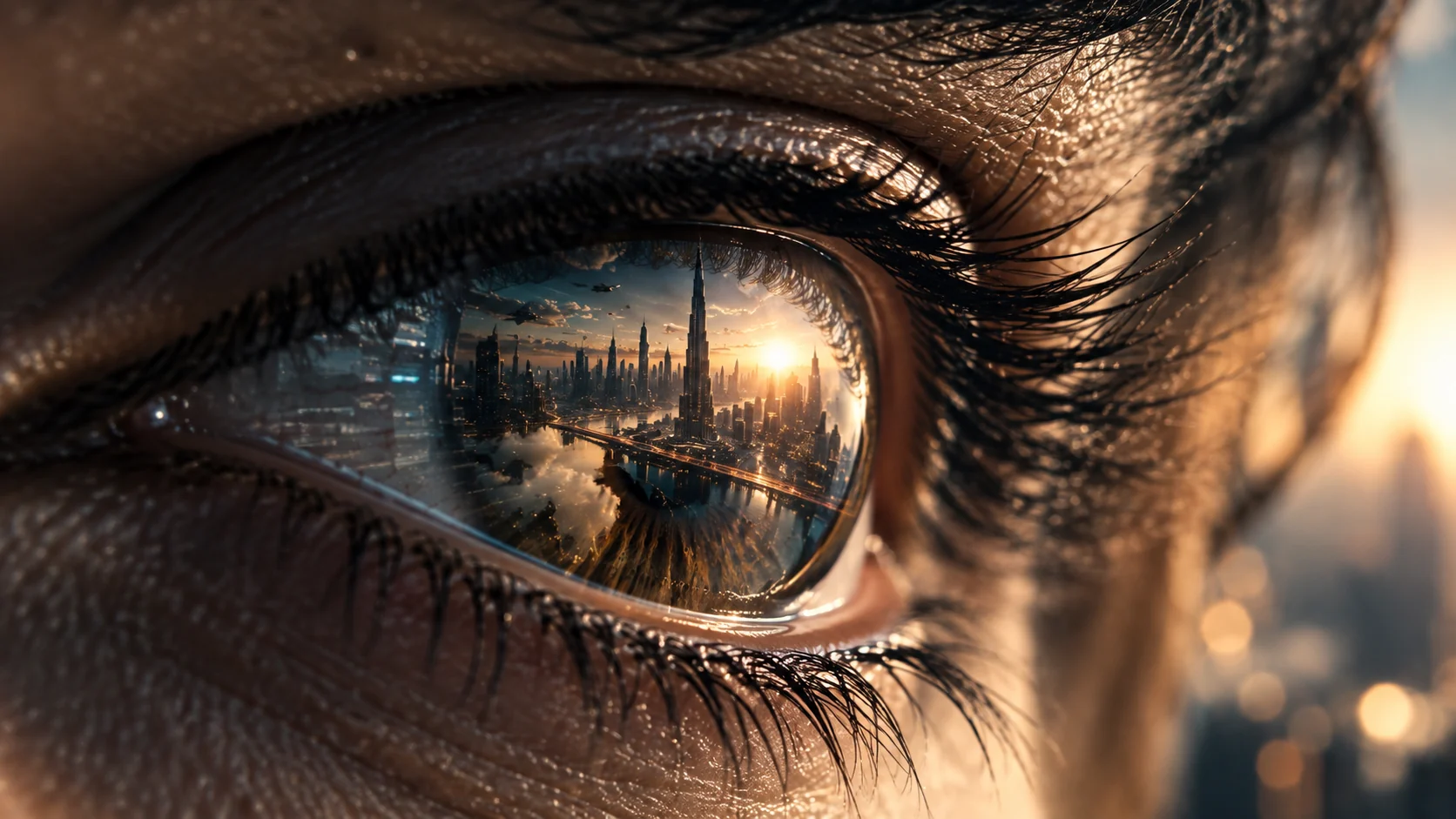 A cinematic city reflected in the intricate detail of an eye