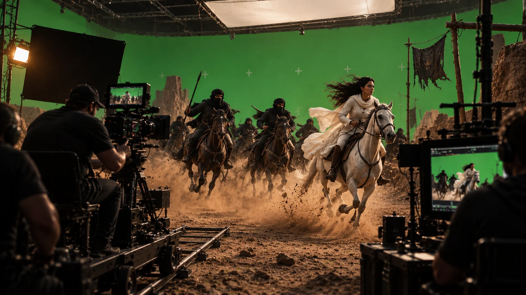 A film set where practical action and a green-screen environment meet
