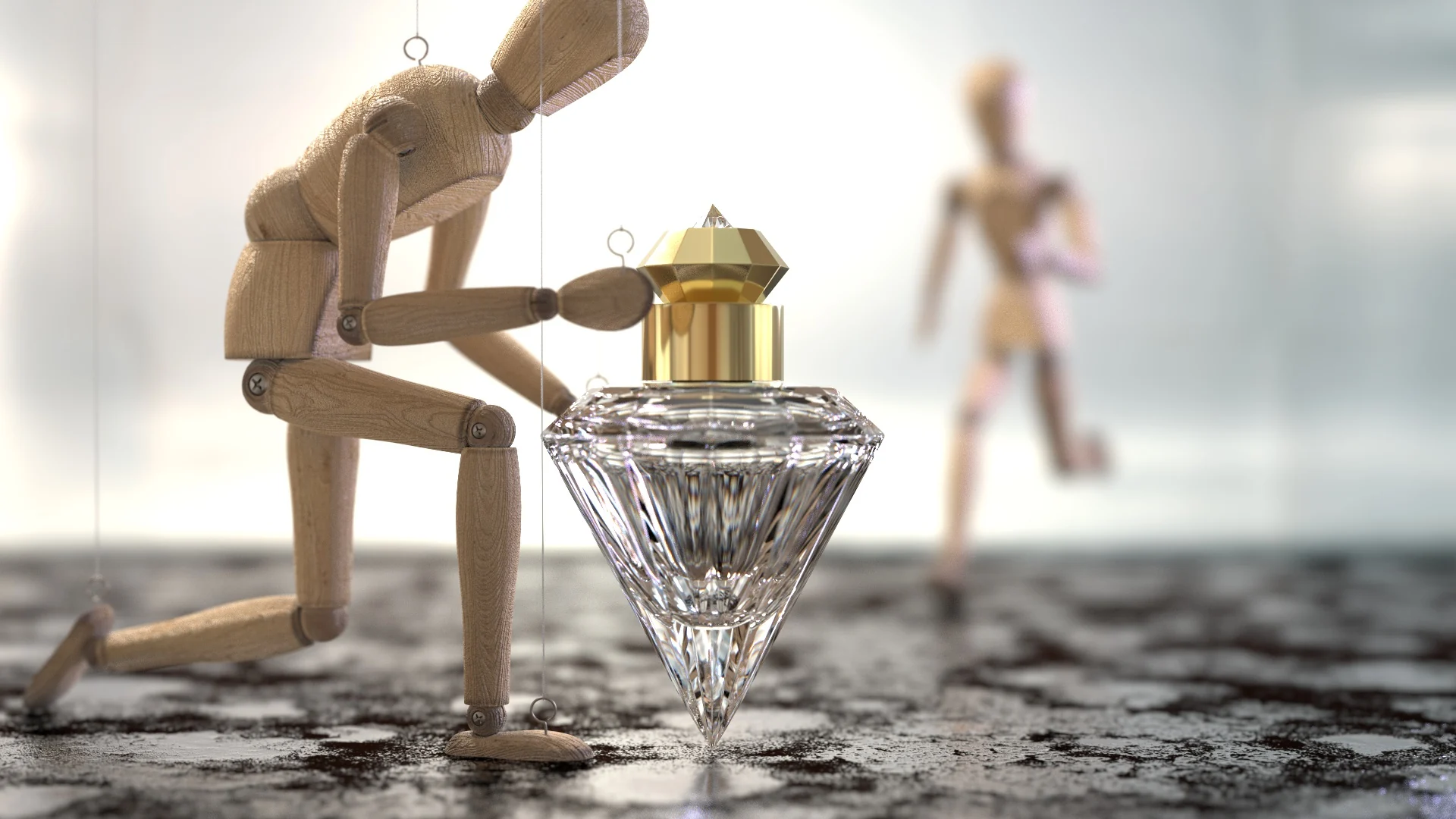 A wooden figure and glass perfume bottle in soft daylight