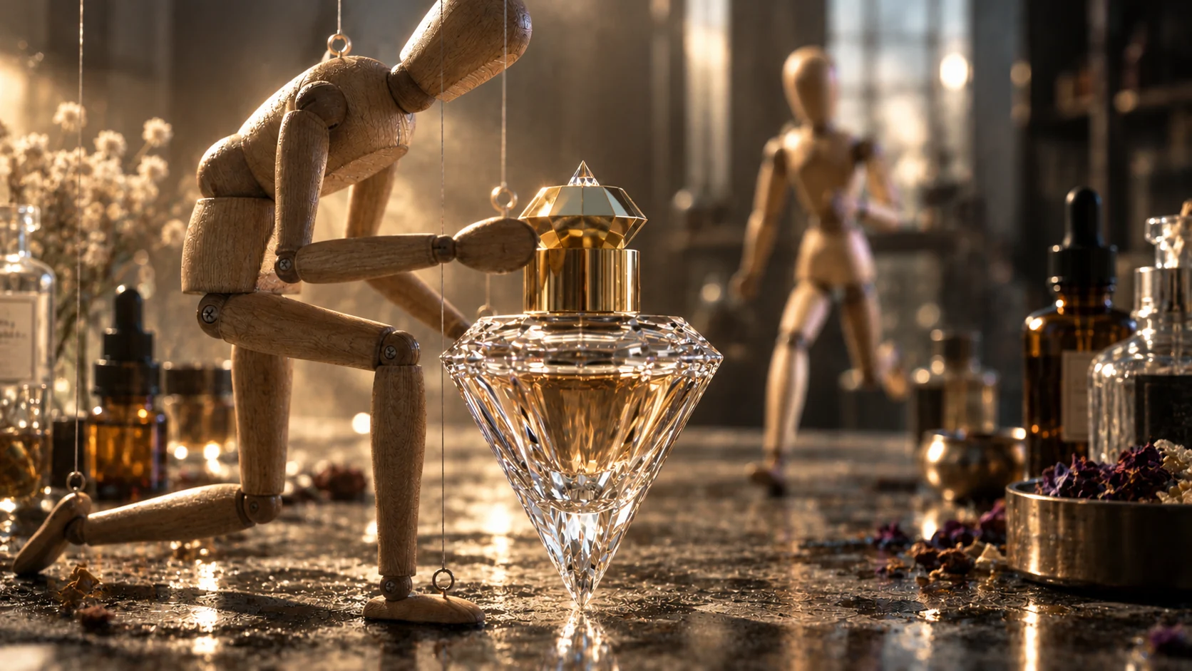 A wooden figure and glass bottle in a warm, reflective interior