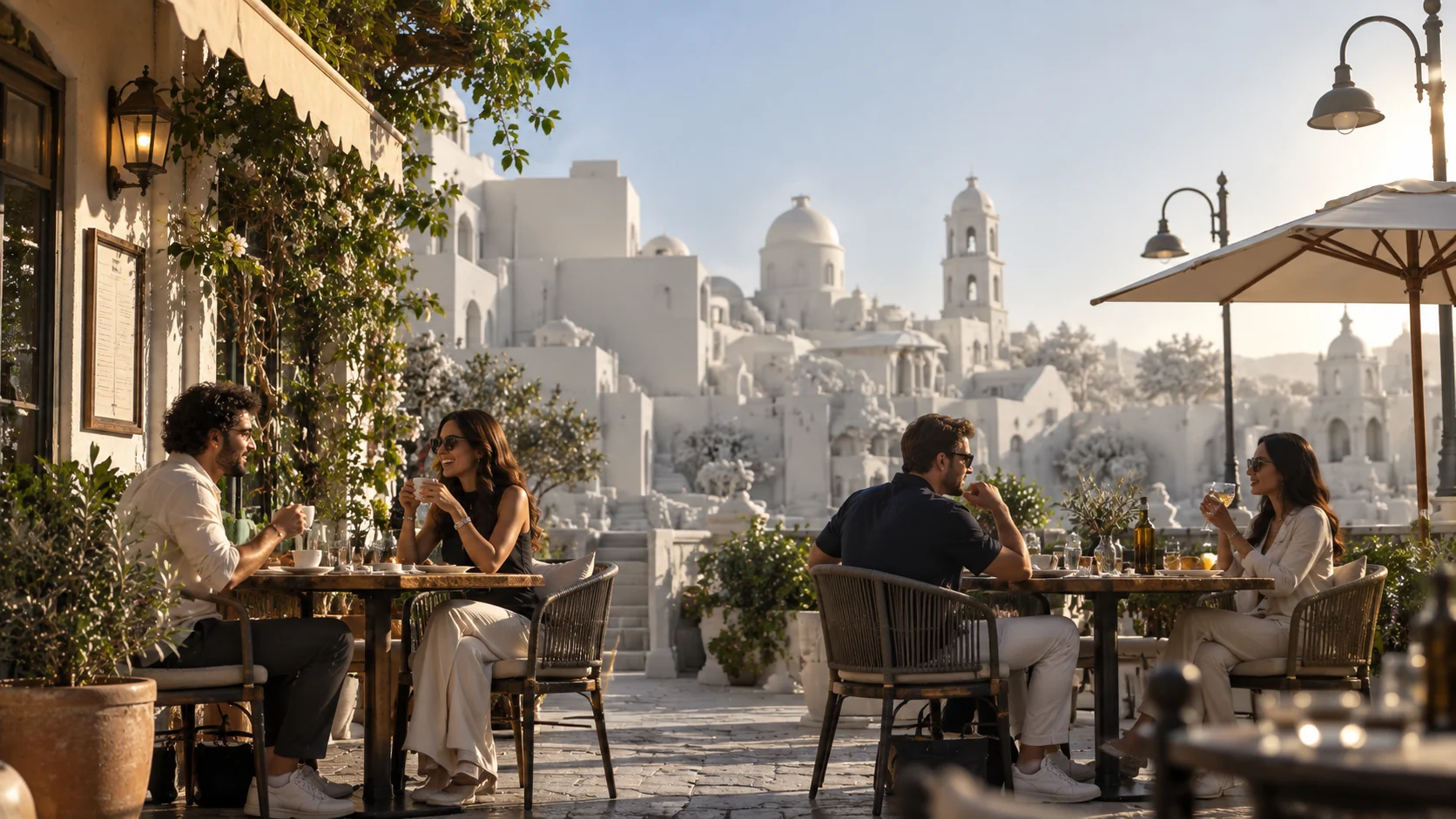 An atmospheric city scene with layered architecture, people and light