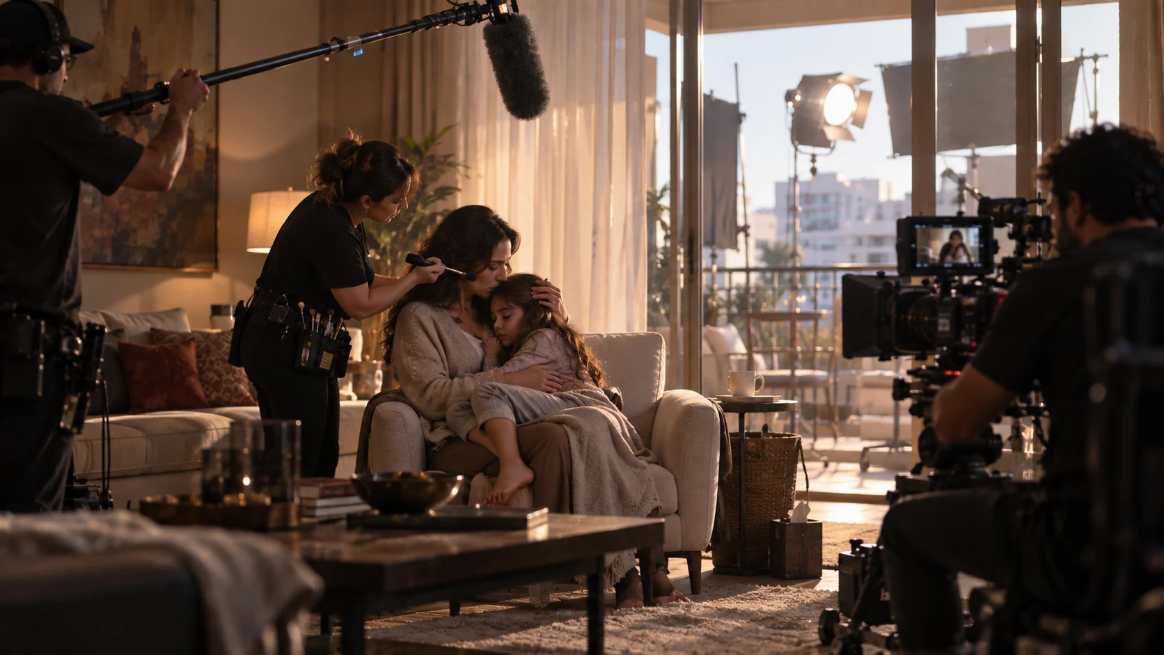 A carefully lit film production with actors, camera and crew